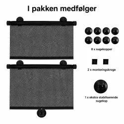 Bilgardin med pakkens indhold vist, inklusive 2 rullegardiner, sugekopper og monteringskroge.
