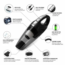 Bilst�vsuger med USB opladning og HEPA filter infografik med funktioner og tilbeh�r