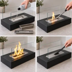 Bioethanol pejs vist ved p�fyldning, opt�nding, br�ndende flamme og slukning