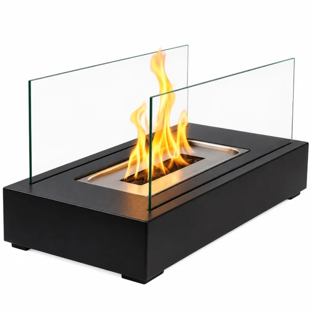 Sort biopejs indend�rs med to glasv�gge, bioethanolbr�nder og levende flamme