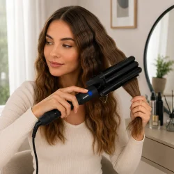 B�lgejern til h�rstyling vist i brug til at skabe bl�de b�lger i langt h�r