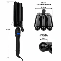 B�lgejern med m�l og dimensioner for h�ndtag og 3 varme cylindre