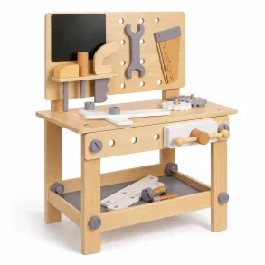 B�rne arbejdsb�nk i tr� p� hvid baggrund med v�rkt�j og opbevaringshylde