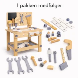 B�rne arbejdsb�nk i tr� med v�rkt�j og tilbeh�r vist samlet p� hvid baggrund