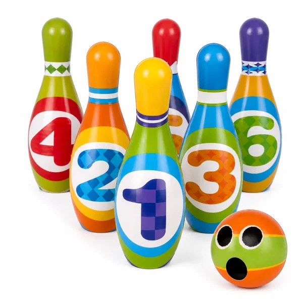 B�rne bowling med farverige bowlingkegler og bl�d bold i PU skum til aktiv leg