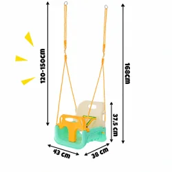 Babygynge med m�l og dimensioner vist med teknisk grafik og justerbare reb til b�rn