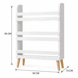 Hvid b�rnebogreol med angivne m�l p� 95 cm i h�jden, 50 cm i bredden og 15 cm i dybden.
