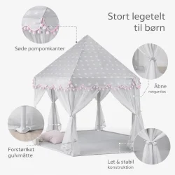 Infografik af b�rnetelt med funktioner &ndash; 6 indgange, gardiner og stabil konstruktion