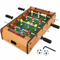 Mini bordfodbold med tr�farvet ramme, gr�n spillebane, 12 spillere, h�ndtag og to bolde