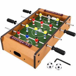 Mini bordfodbold med tr�farvet ramme, gr�n spillebane, 12 spillere, h�ndtag og to bolde