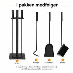 Br�ndeovnss�t med stativ, ildrager, askeskovl og b�rste vist som pakkens indhold