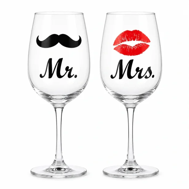 Bryllupsglas med Mr & Mrs motiv, oversk�g og r�de l�ber &ndash; s�t med 2 vinglas
