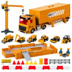 Byggeplads leget�j med stor orange lastbil og fritst�ende t�rnkran med krog p� hvid baggrund.