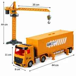 T�rnkran p� 44 cm med 35 cm kranarm samt lastbil p� 44 � 8 � 11 cm.