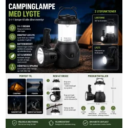 Campinglampe med lygte infografik der viser funktion, lysstyrke og anvendelse til camping