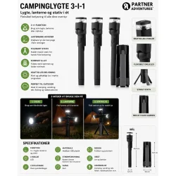 Campinglygte 3-i-1 infografik med funktioner og anvendelse