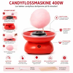 Candyflossmaskine 400W infografik med funktioner og brug