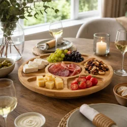 Charcuteri br�t i bambus med tapas og snacks p� d�kket spisebord i moderne hjem