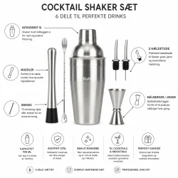 Cocktail s�t infografik med shaker, barske, muddler og jigger samt funktioner og specifikationer