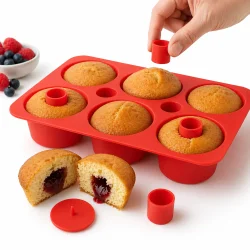 silikone cupcake form muffin bageform med indsats i brug med fyldte muffins