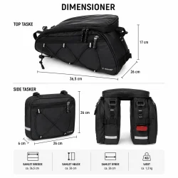Cykeltaske bagageb�rer 2-i-1 med m�l og dimensioner vist 