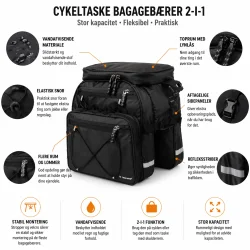 Cykeltaske bagageb�rer 2-i-1 med funktioner og egenskaber vist 