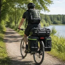 Vandt�t Cykeltaske 65L til Bagageb�rer monteret p� cykel under bikepacking tur i naturen