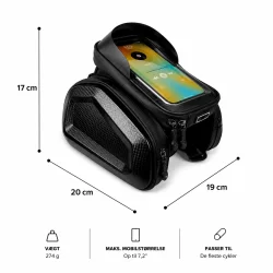 Dimensionsgrafik af vandt�t mobilholder til cykel med m�l og specifikationer