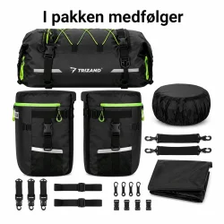 Vandt�t Cykeltaske 65L til Bagageb�rer med alle medf�lgende dele vist p� hvid baggrund