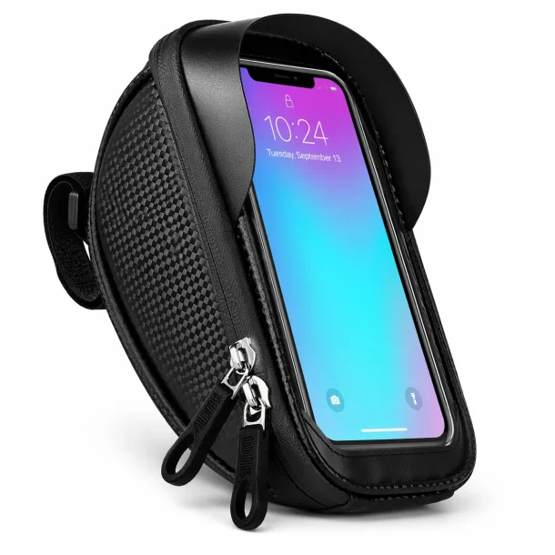 Vandt�t cykeltaske med mobilholder til styr p� hvid baggrund