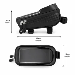 Vandt�t cykeltaske med mobilholder til styr med m�l og dimensioner