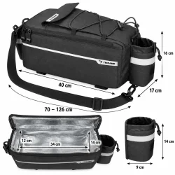Cykeltaske med angivne m�l 40 � 16 � 17 cm og justerbar skulderrem p� 70&ndash;126 cm.