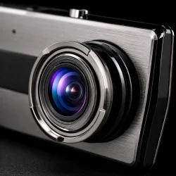 Dashboard kamera closeup af vidvinkel linse og metalfront med detaljeret makrofoto i studielys