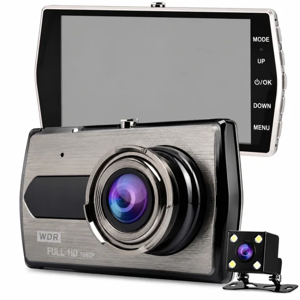 Dashcam kamera til bil med bakkamera i Full HD 1080p vist som produktfoto p� hvid baggrund med 4 tommer LCD sk�rm