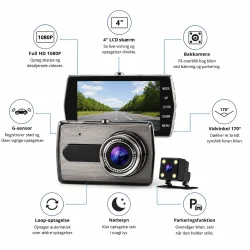 Dashcam med bakkamera infografik der viser Full HD 1080p optagelse, G sensor, parkeringsfunktion og 4 tommer LCD sk�rm