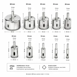 Diamant kopbor & hulbor s�t dimensionsgrafik med m�l og st�rrelser fra 6 mm til 68 mm