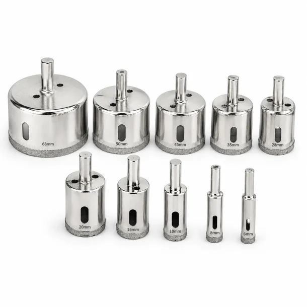 Diamant kopbor & hulbor s�t til fliser og porcel�n med 10 st�rrelser fra 6-68 mm p� hvid baggrund