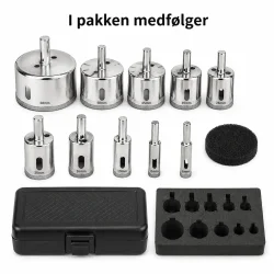 Diamant kopbor & hulbor s�t med alle medf�lgende dele og st�rrelser vist p� hvid baggrund