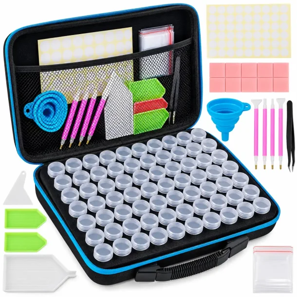 �bent etui med 60 beholdere og tilbeh�r til diamond painting p� hvid baggrund.