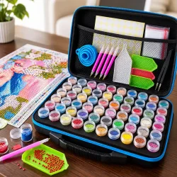 �bent diamond painting-etui med farvesorterede beholdere og v�rkt�j ved et igangv�rende motiv.