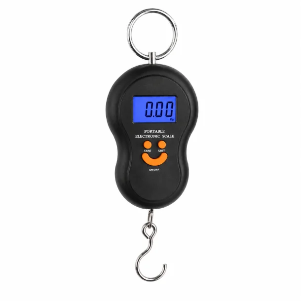 Digital bagagev�gt 50 kg med LCD display og st�lkrog p� hvid baggrund. Kompakt digital h�ngev�gt med TARE funktion til kuffert, rejser og bagagekontrol.