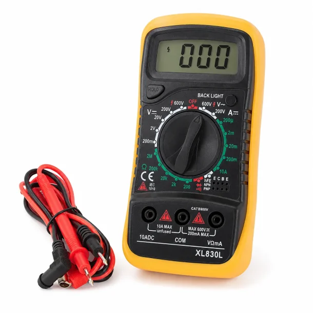 Digitalt multimeter med testledninger til m�ling af sp�nding, str�m og modstand