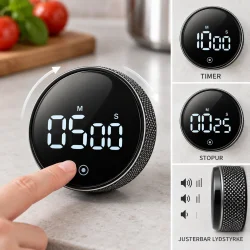 Digital timer med touchknap, timerfunktion, stopur og justerbar lydstyrke