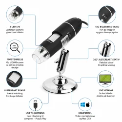 Digitalt mikroskop infografik med funktioner som USB tilslutning og LED lys