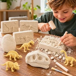 Barn graver dinosaurfossiler frem fra gipsblok med hammer og mejsel fra dinosaur udgravningss�t