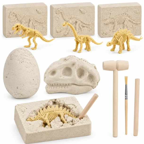 Dinosaur udgravningss�t 5-i-1 med gipsblokke, dinosaur�g, dinosaurkranie, dinosaurskeletter og udgravningsv�rkt�j