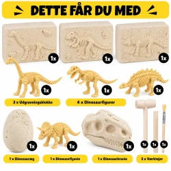 Dinosaur udgravningss�t med 3 gipsblokke, dinosaur�g, dinosaurkranie, 5 dinosaurskeletter og v�rkt�j