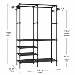 Dobbelt t�jstativ med hylder med m�l og dimensioner vist grafisk