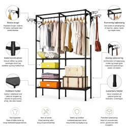 Dobbelt t�jstativ med hylder infografik med funktioner og opbevaringsmuligheder