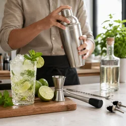 Drink mixer og cocktail shaker s�t brugt i moderne hjemmebar med mojito, lime og bartender udstyr